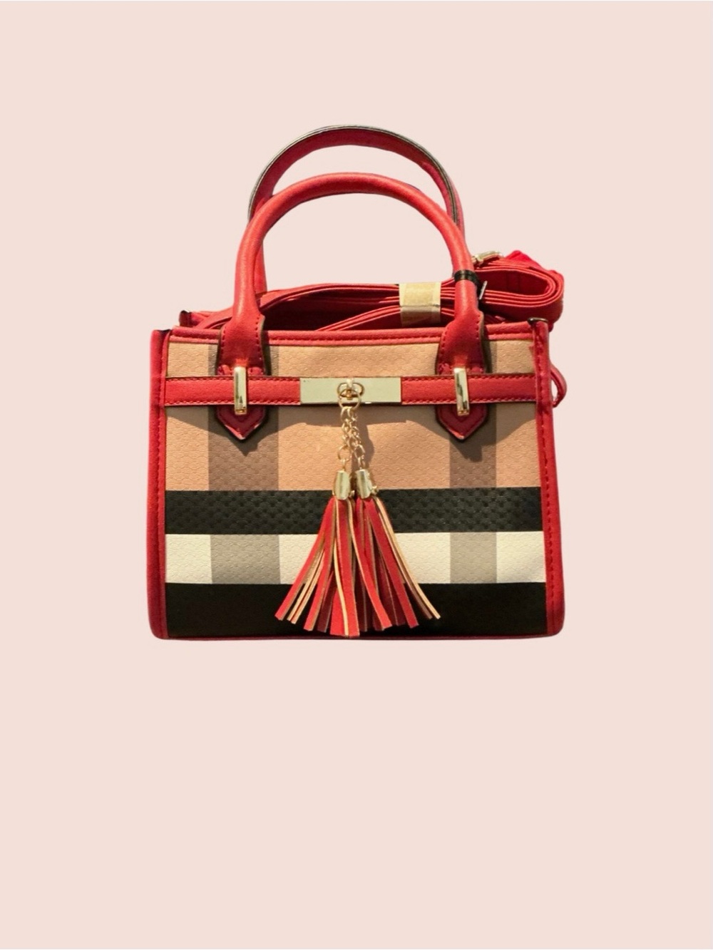 Red Plaid Tassel Satchel Handbag - Women